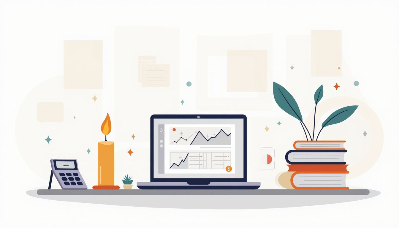 A minimalist desk setup illustrating forex trading with candle, books, and laptop.