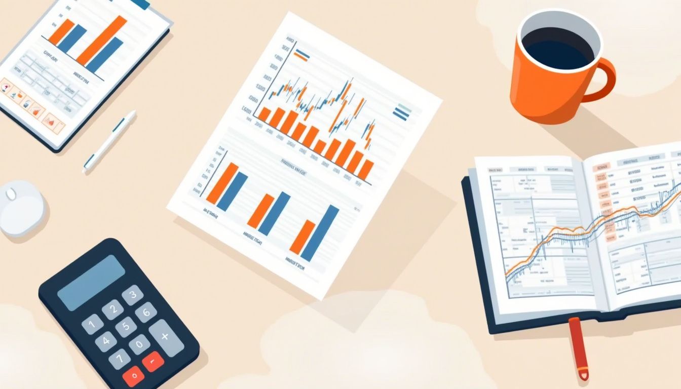 A minimalist flat vector illustration of a tidy desk with currency charts.