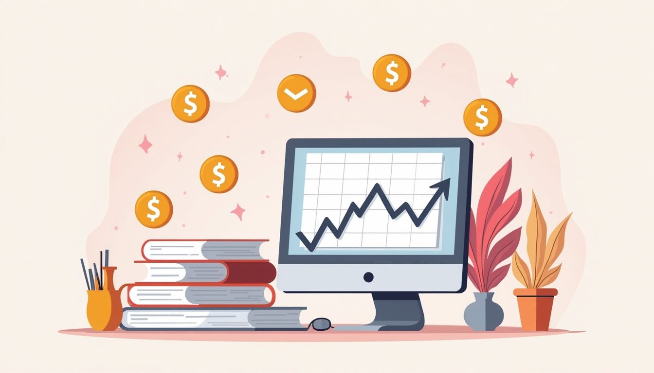 A minimalist, abstract financial workspace with currency symbols and stock market graphs.