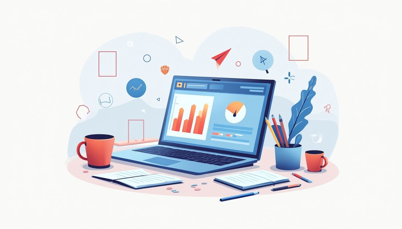 A flat vector illustration featuring a laptop with trading charts and minimalist office items.