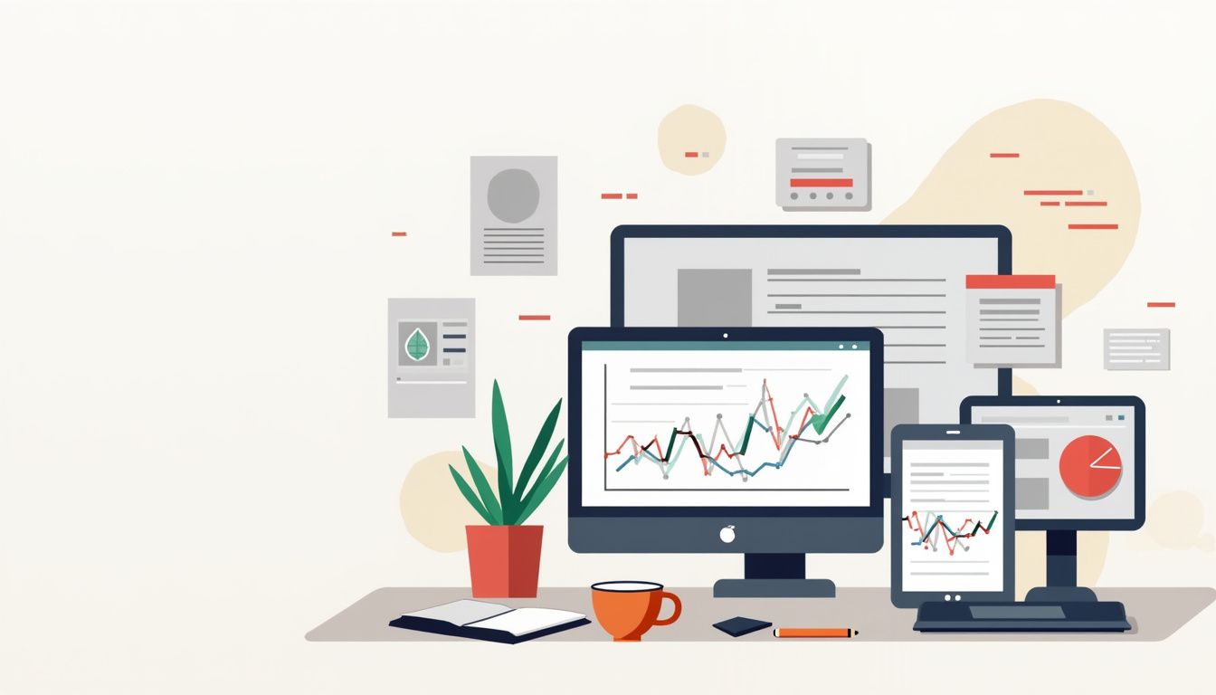 A flat vector illustration of a modern office desk with computer screens and work essentials.