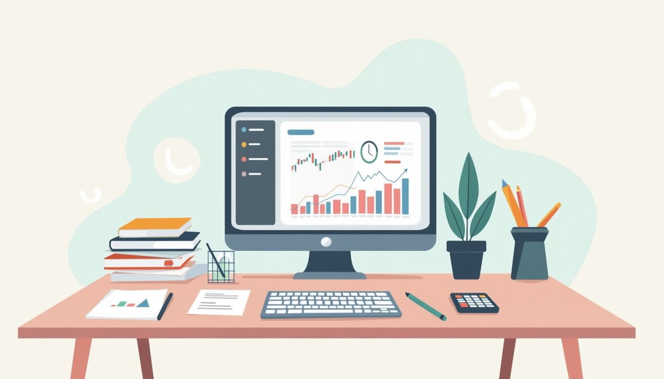 Minimalist desk with forex charts, calculator, and neat papers.