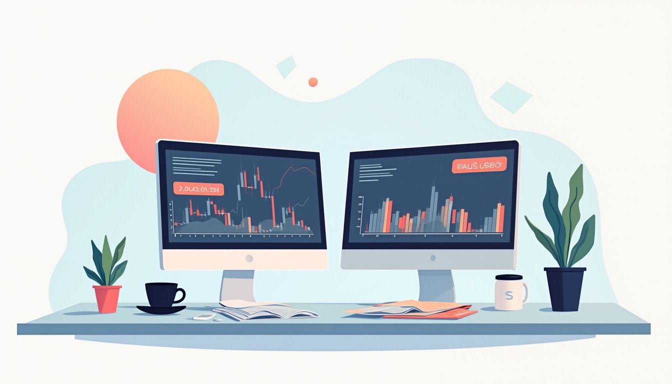 A minimalist trading desk with forex charts, newspapers, and coffee cup.