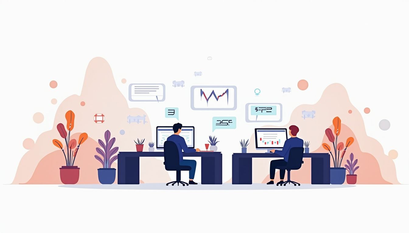 A minimalist flat vector illustration of a modern trading room.
