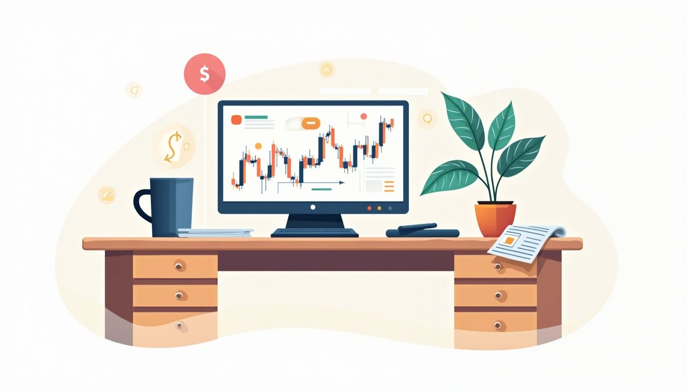 A minimalist home office scene with a trading platform and coffee.