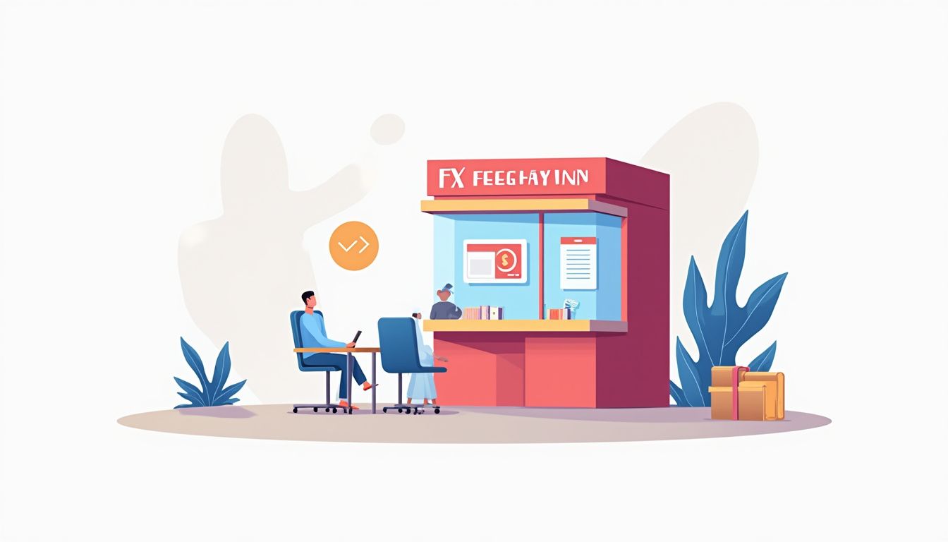 A flat vector illustration of a currency exchange kiosk in an airport.