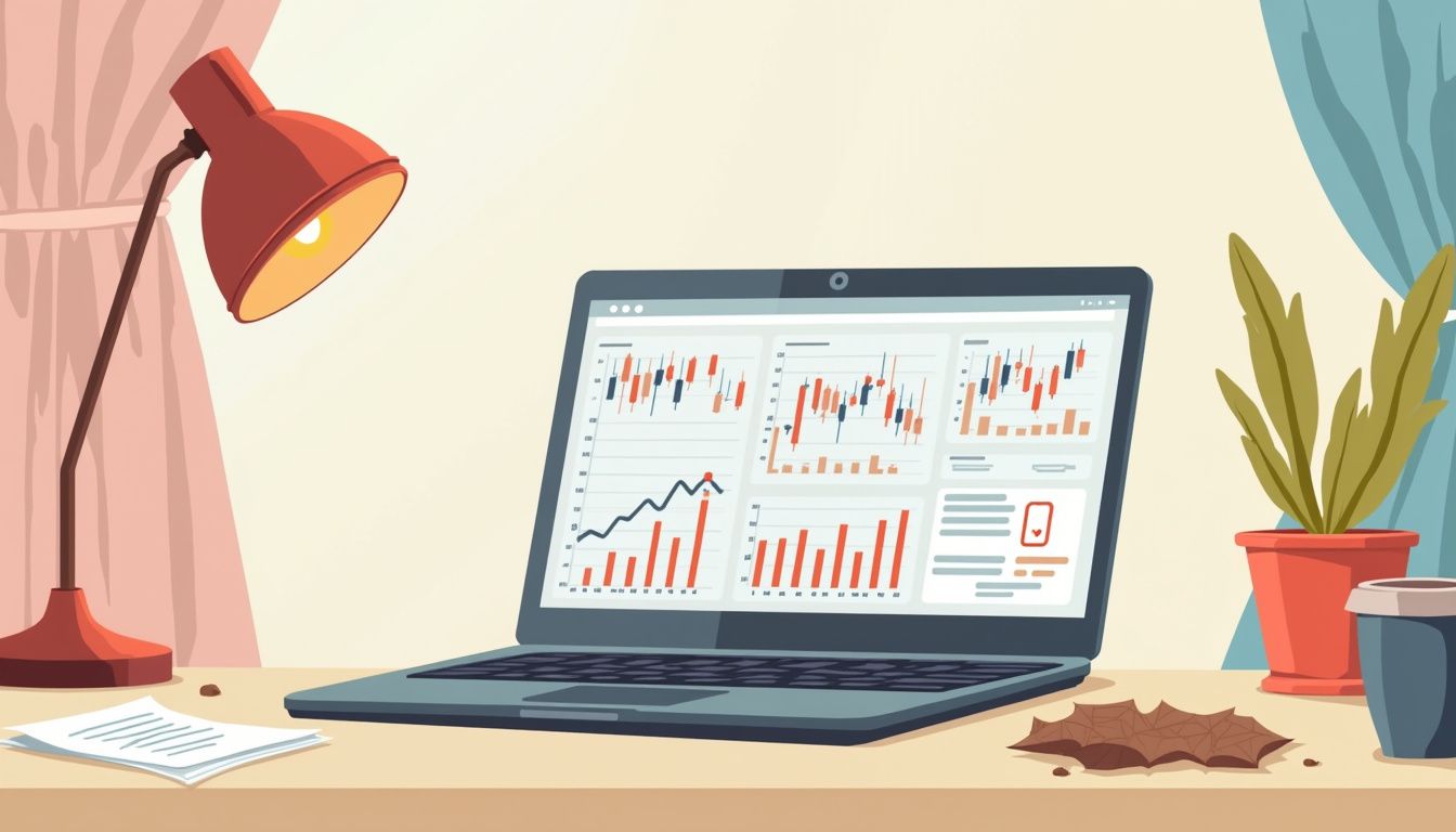 A flat vector illustration of an open laptop with forex trading platform.