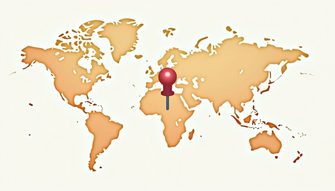 A minimalist flat vector illustration of a vintage world map with a pin on the United States.