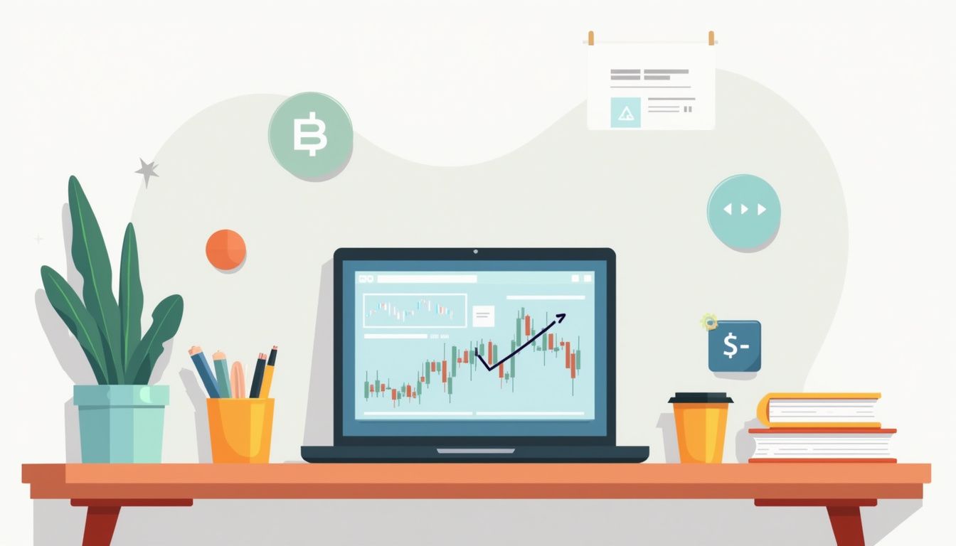 A vector illustration of a modern desk with forex trading elements.
