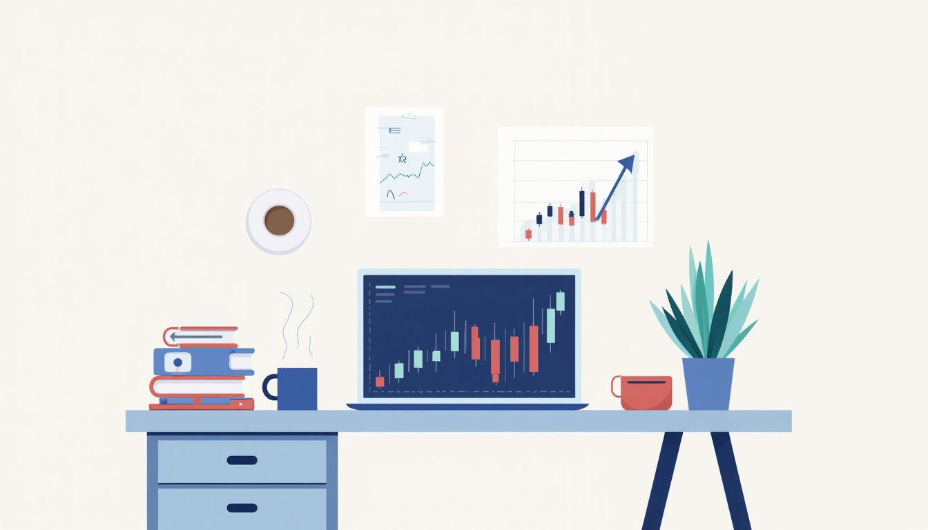 A minimalist flat vector illustration of a modern home office workspace.