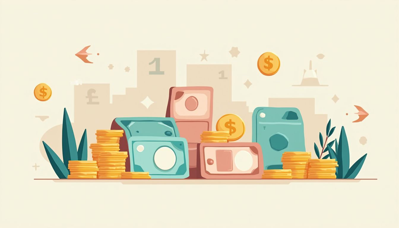 A minimalist flat vector illustration of international currency icons arranged stylishly.