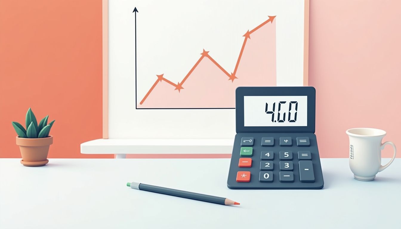 A minimalist home office scene with a calculator and currency chart.