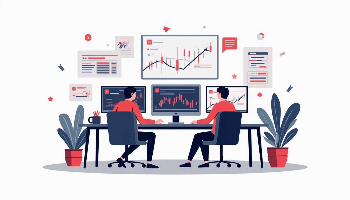 A modern trading desk with geometric screens and abstract traders.