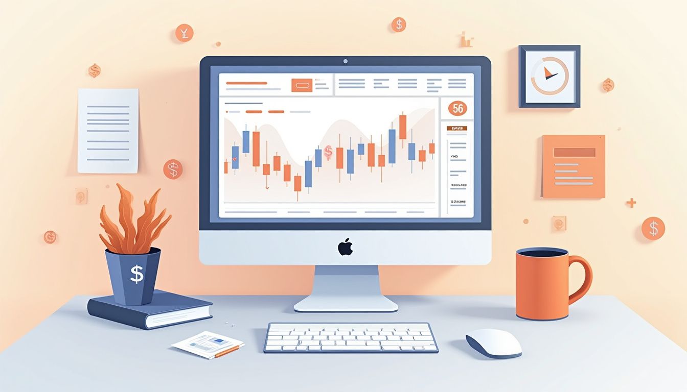 A minimalist workspace with a forex trading platform on a computer screen.