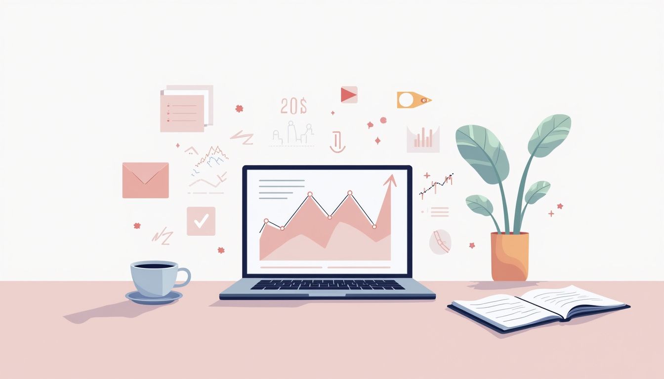 A minimalist workspace with laptop, coffee, and forex charts.