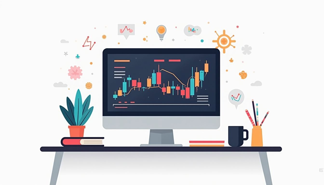 A minimalist workspace with trading charts, coffee mugs, and abstract books.