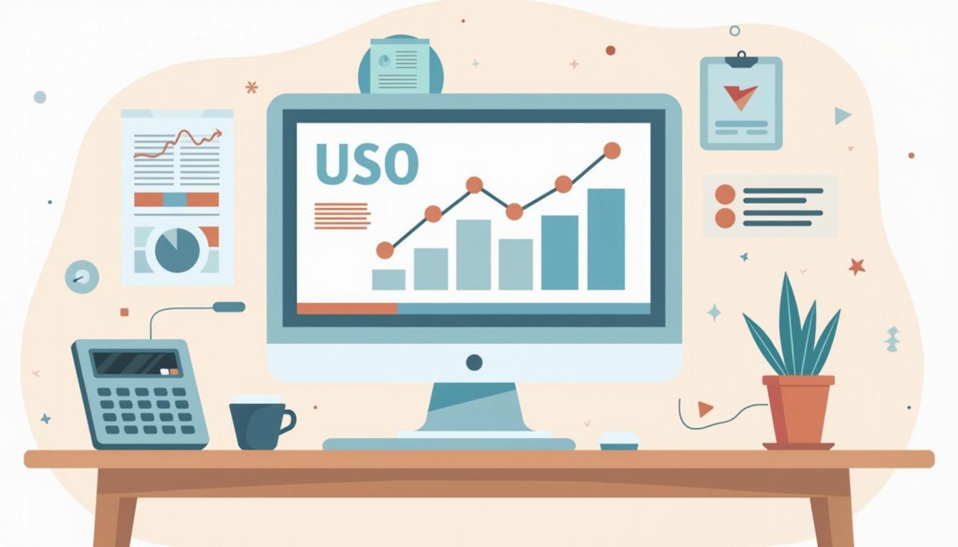 A modern, minimalist office desk scene with financial tools and computer.