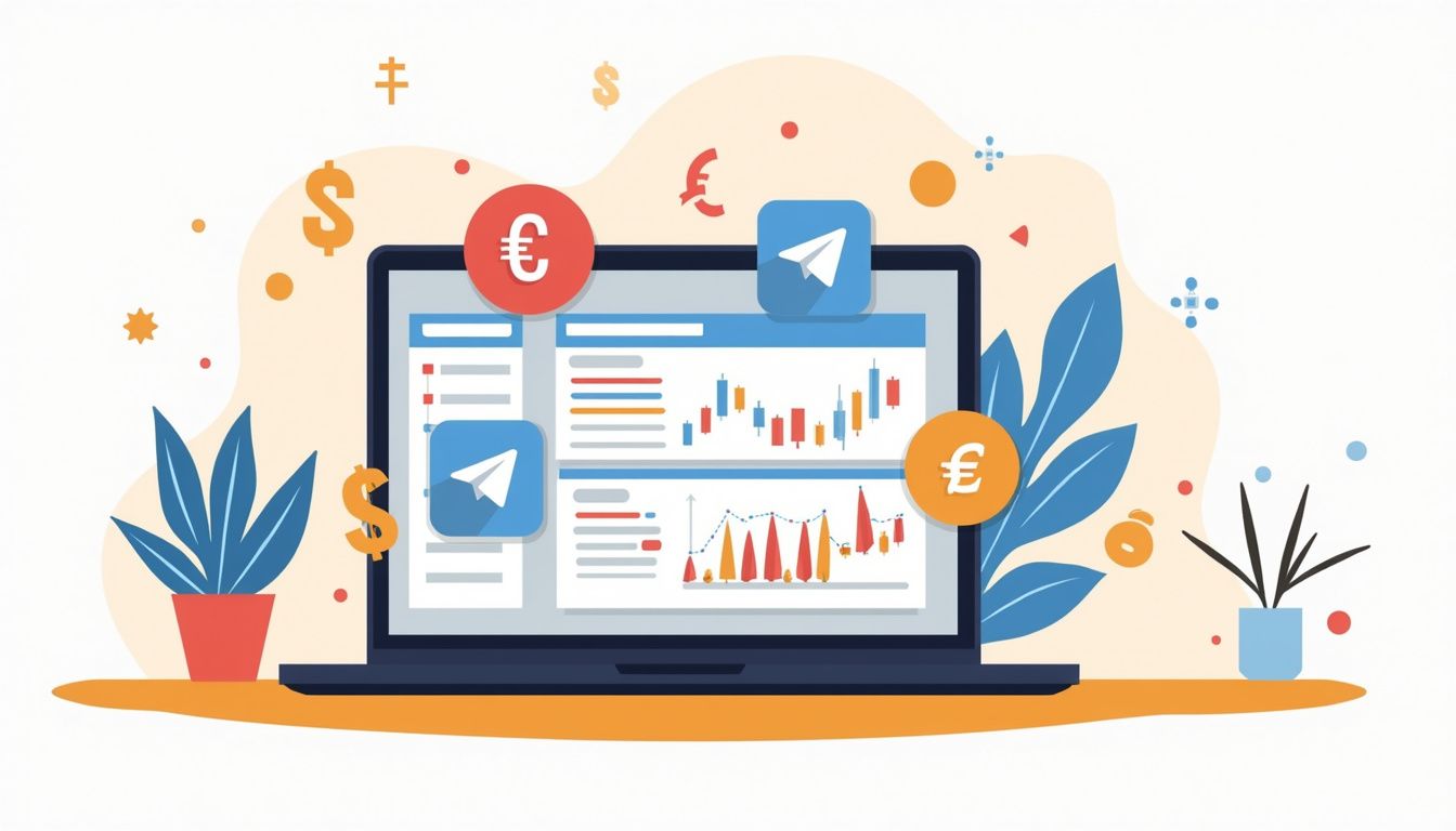 Flat vector illustration of a laptop displaying Forex Telegram group icons.