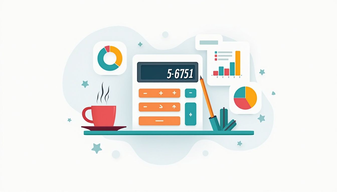 Minimalist flat illustration of an Admiral Forex Calculator on a desk.