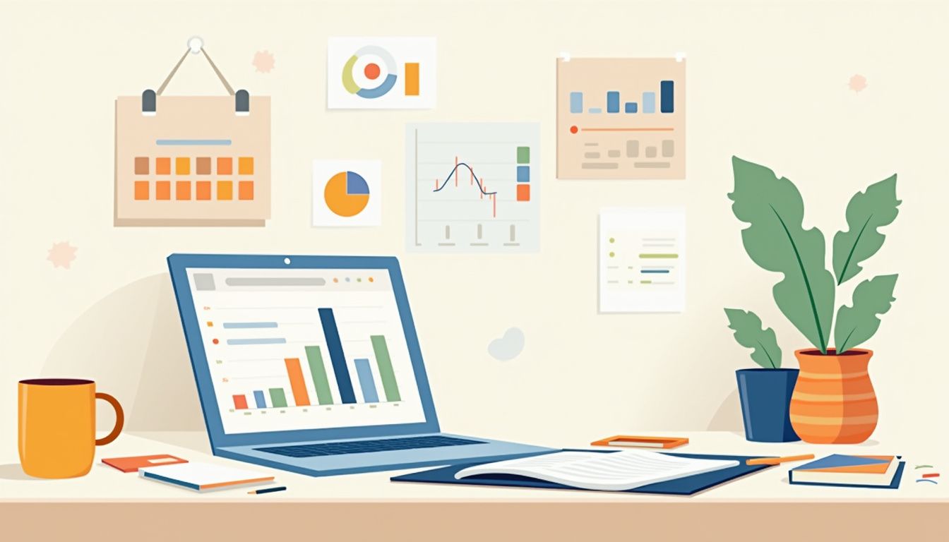 Minimalist flat vector illustration of a modern office desk scene.