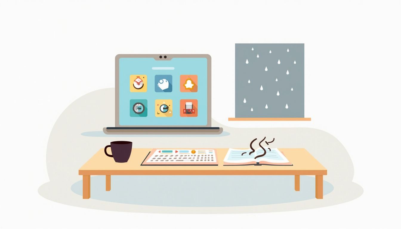 Minimalist flat illustration of a desk with a laptop and coffee.