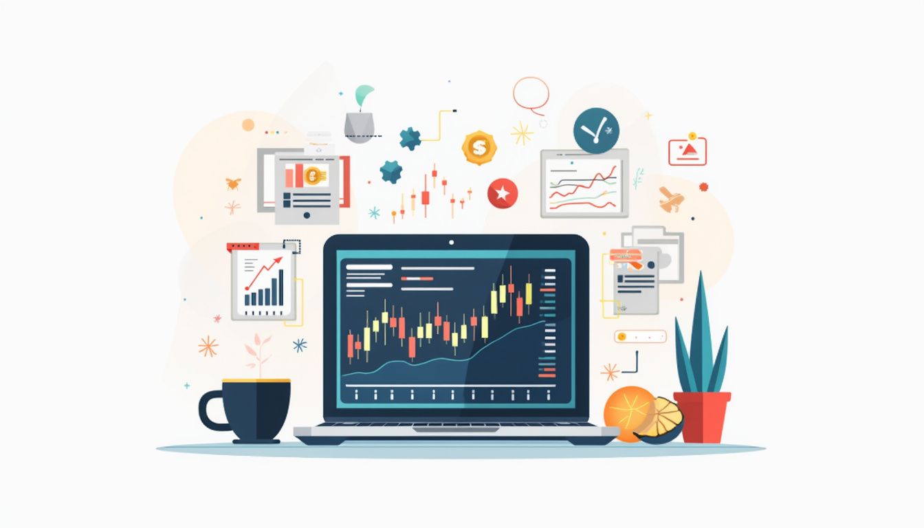 Flat vector illustration of a laptop displaying forex trading software.