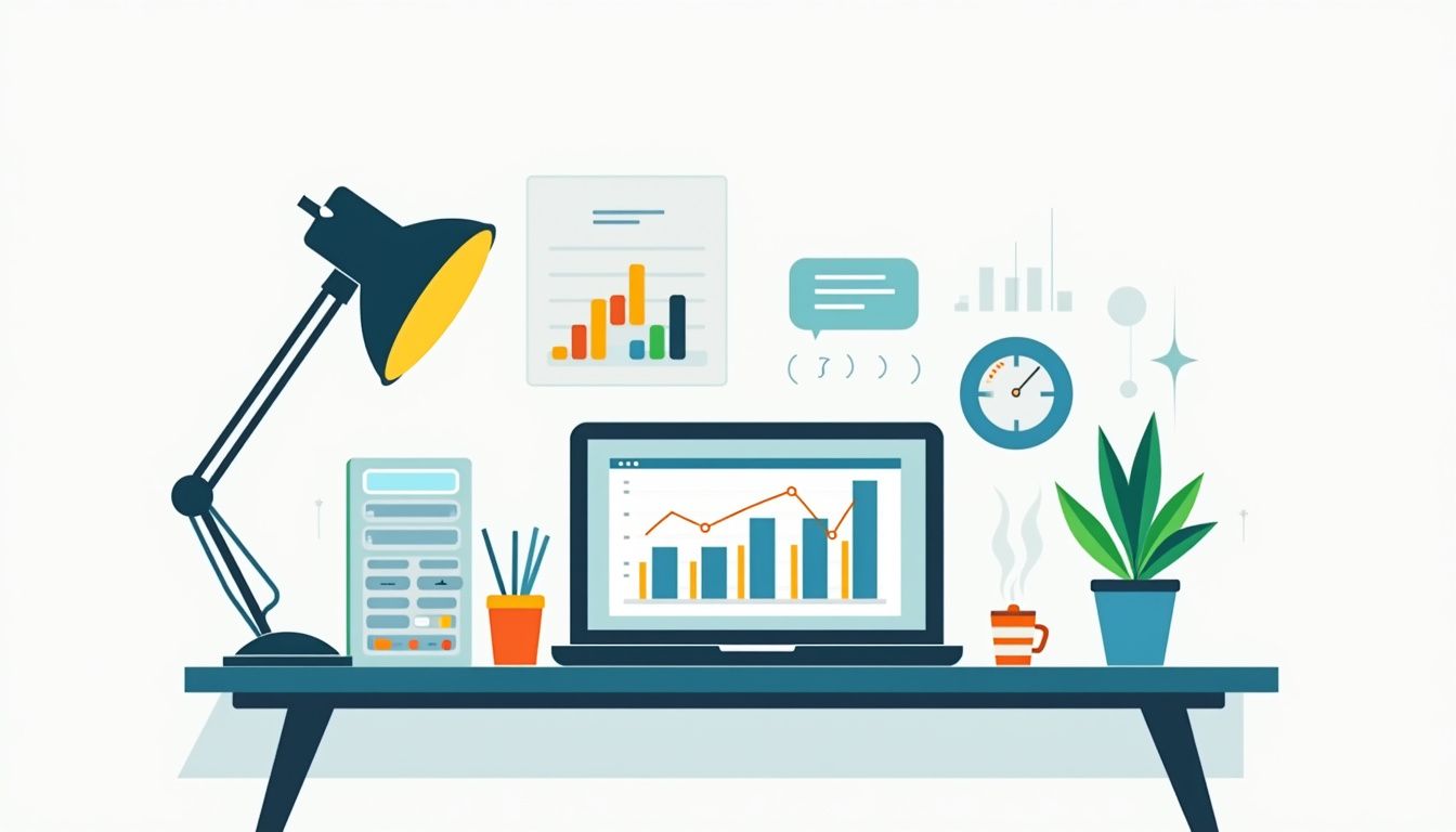 Minimalist vector illustration of a modern office desk scene.