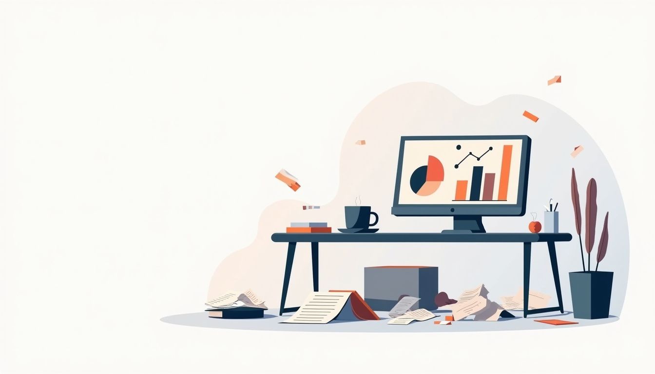 Minimalist illustration of a cluttered desk with a computer and coffee cup.