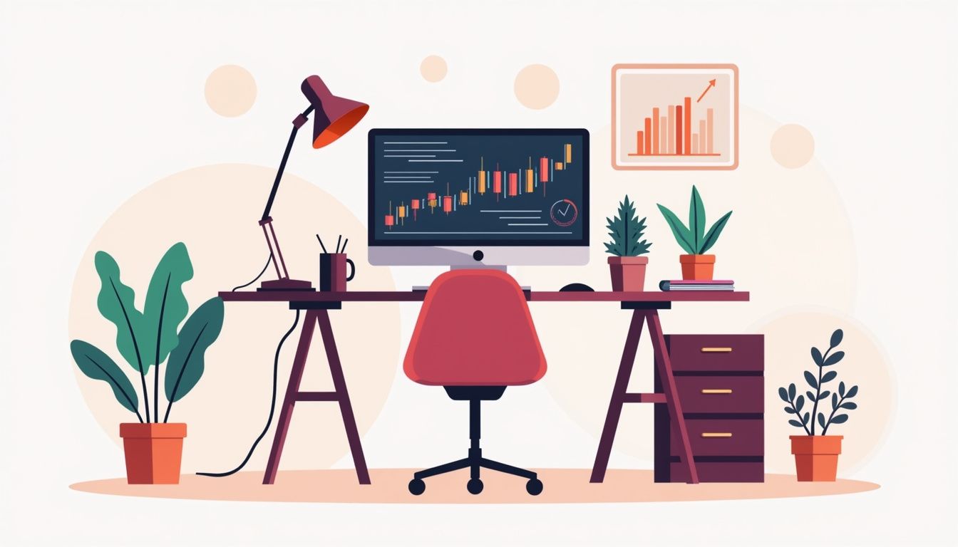 Minimalist home office with modern computer and geometric forex charts.