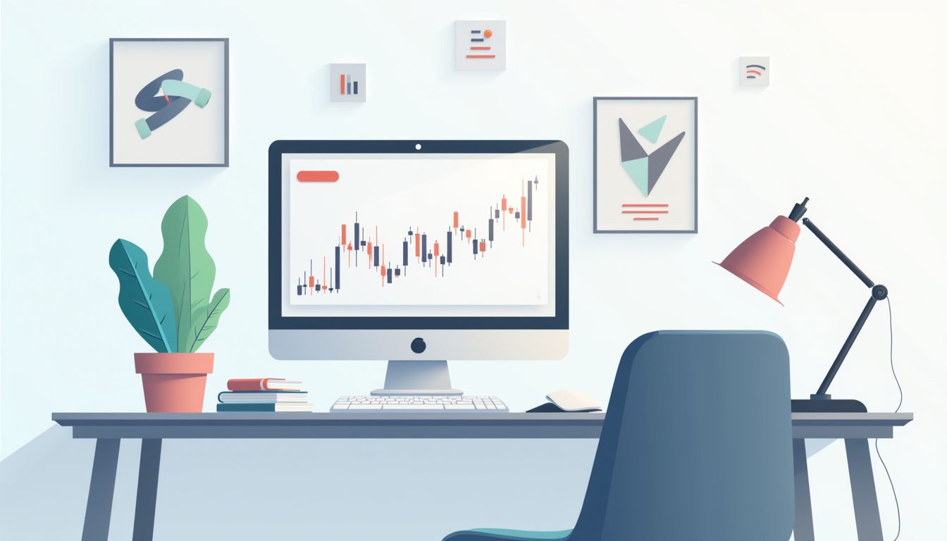 Minimalist modern home office with laptop and forex trading accessories.