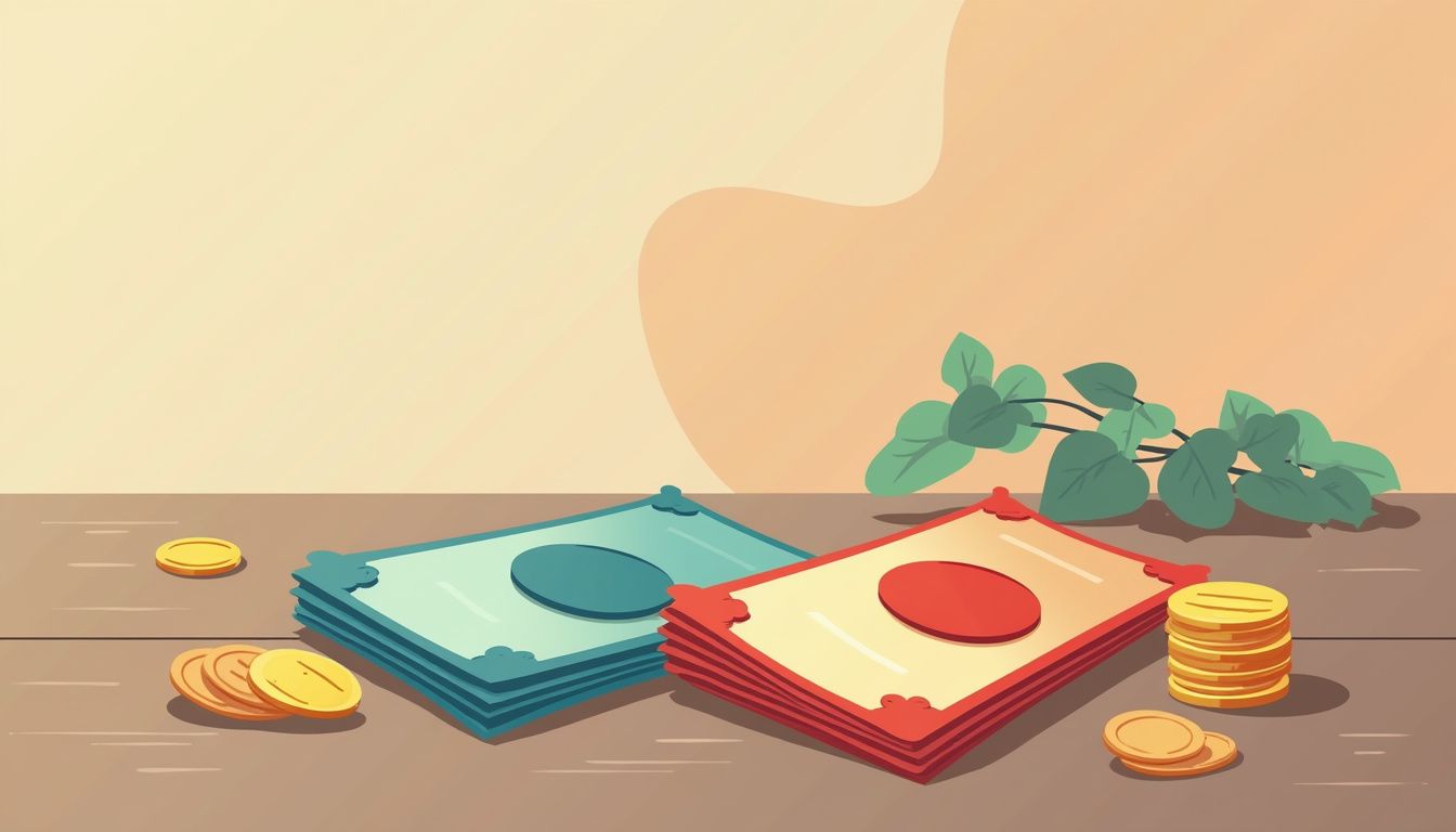 Minimalist vector illustration of colourful currency notes and coins on wood.