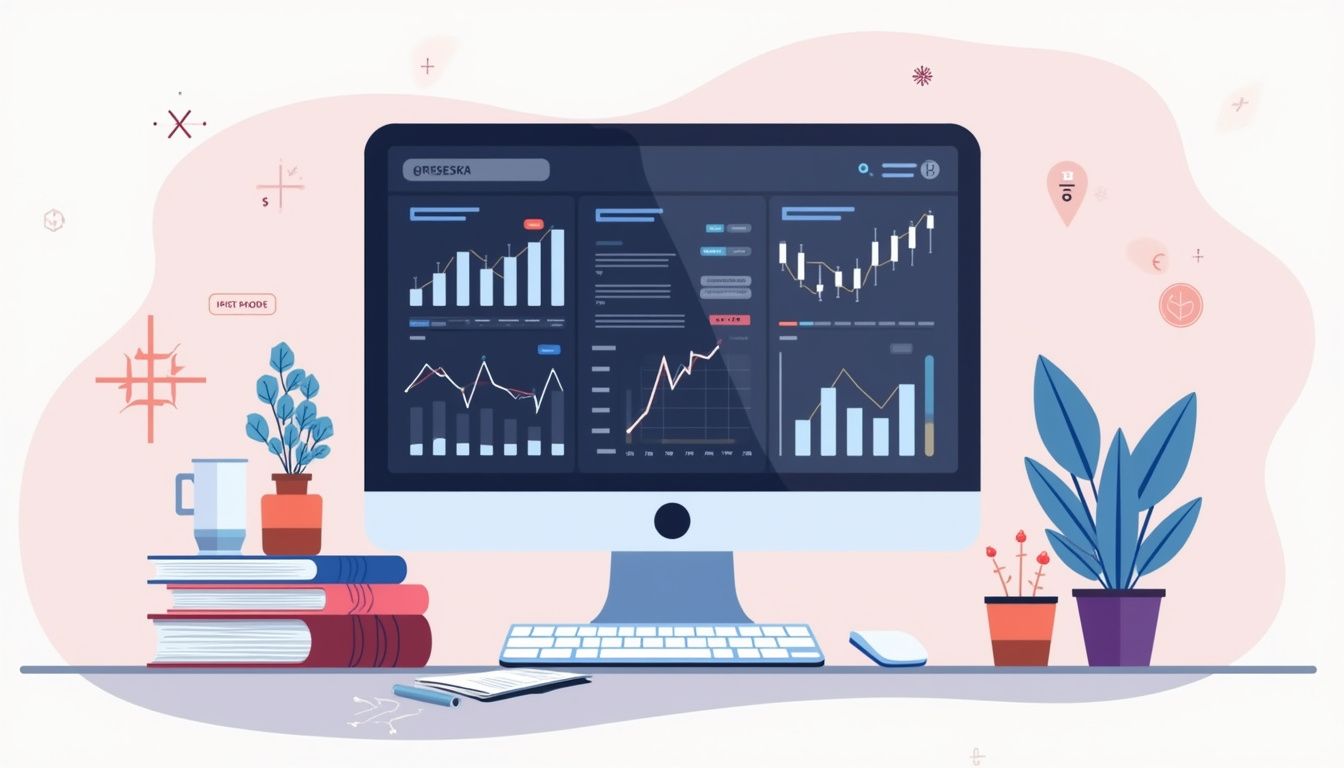 Minimalist illustration of a trading bot interface on a computer monitor.