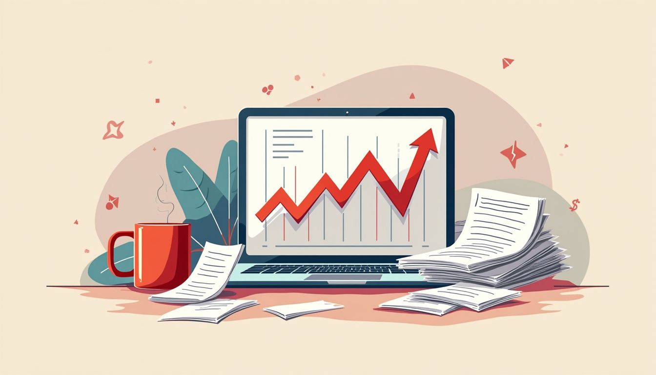 Minimalist vector illustration of a cluttered desk with a laptop.