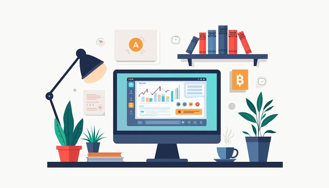 Modern home office with a Forex Bot chat interface and geometric decor.