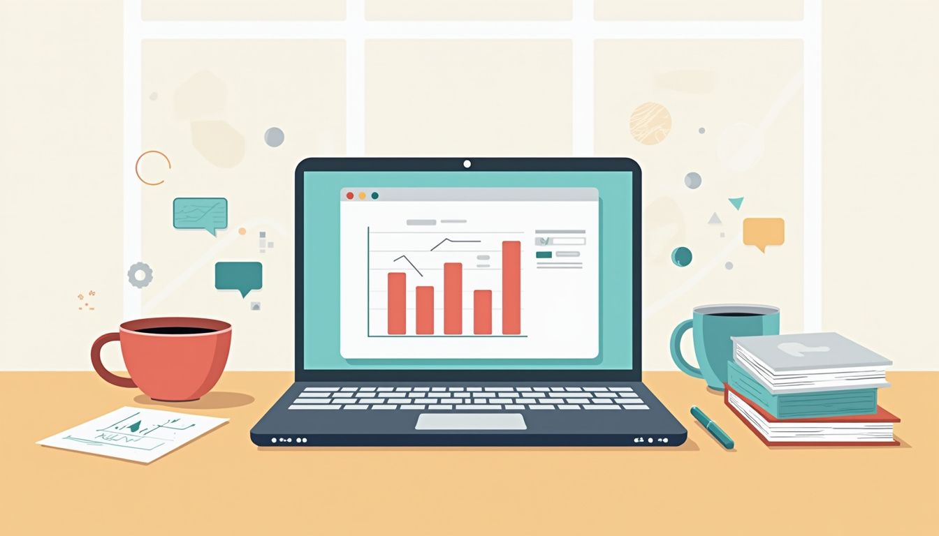 Minimalist flat illustration of a cluttered forex trading desk scene.