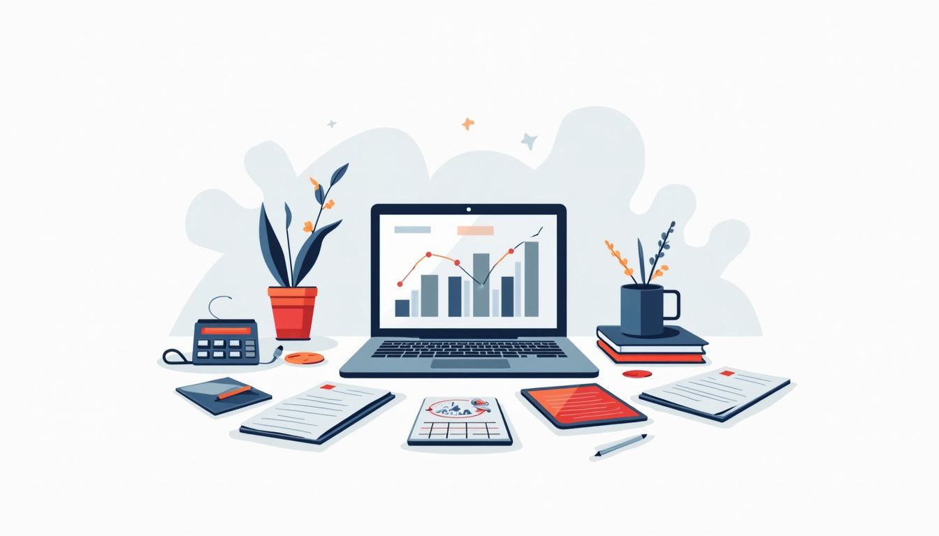 Minimalist flat illustration of a cluttered desk with a laptop and papers. Minimalist flat illustration of a cluttered desk with a laptop and papers.