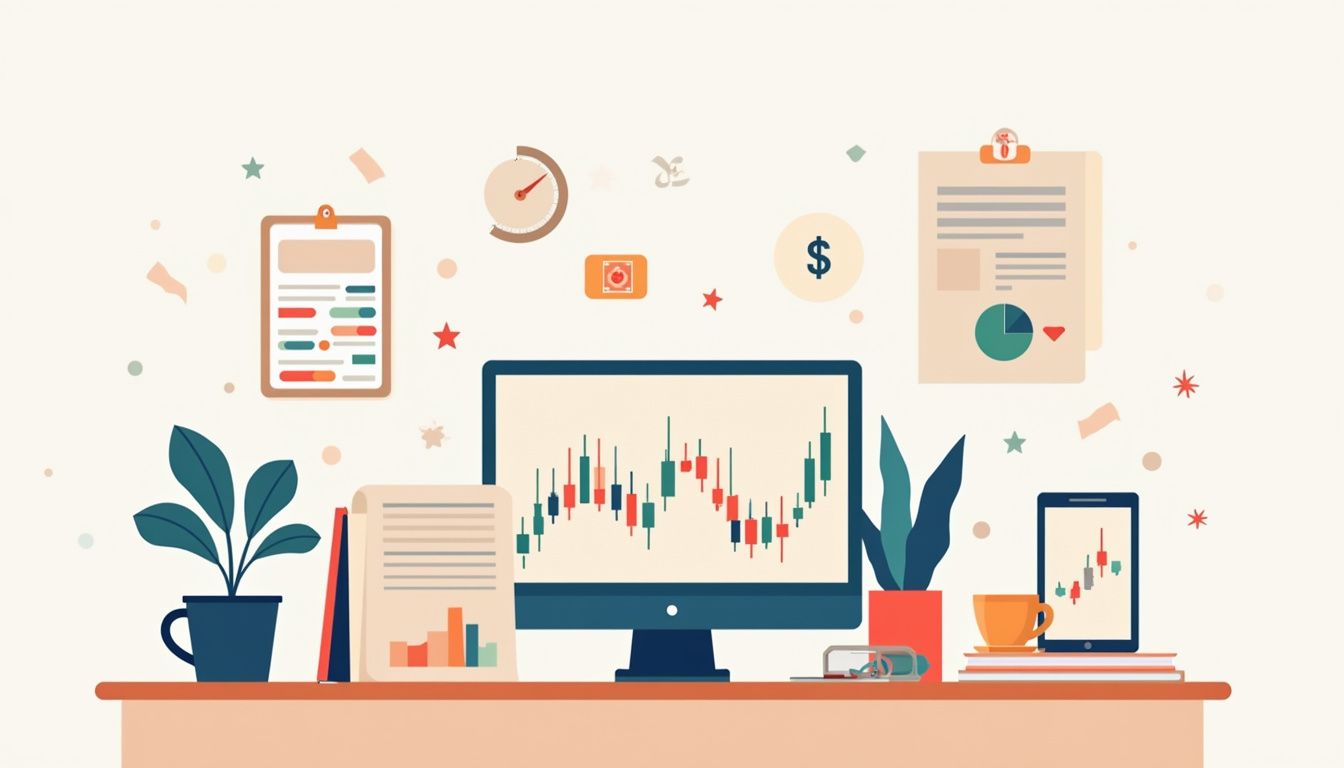 Minimalist flat illustration of a forex trading setup on a desk.