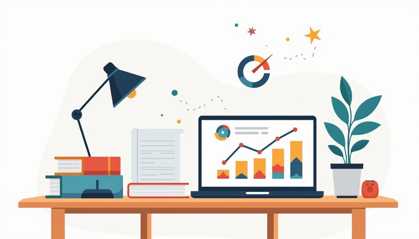 Minimalist vector illustration of a forex trader's organised desk setup.
