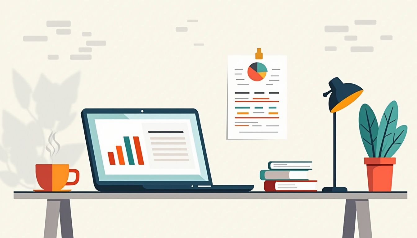 Minimalist flat design of a modern home office desk setup.