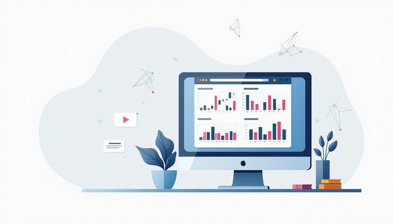 Flat illustration of a modern monitor displaying financial software interface.