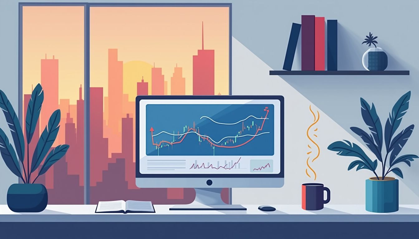 Minimalist office desk setup featuring a computer, coffee mug, and notepad.