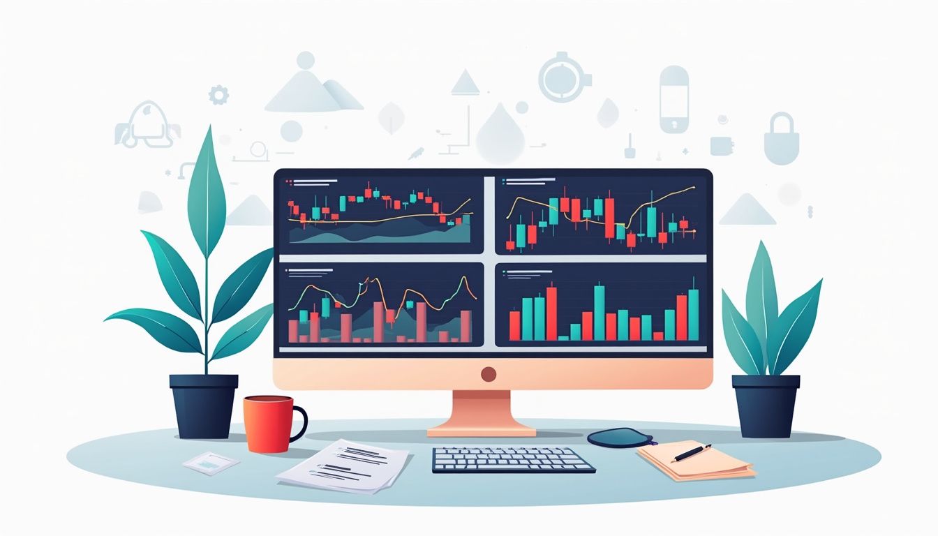 Minimalist flat vector illustration of a Forex trading workspace. Minimalist flat vector illustration of a Forex trading workspace.