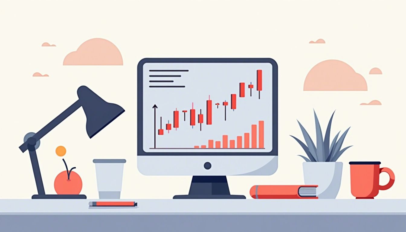 Minimalist desk scene with a computer, financial papers, and coffee cup.