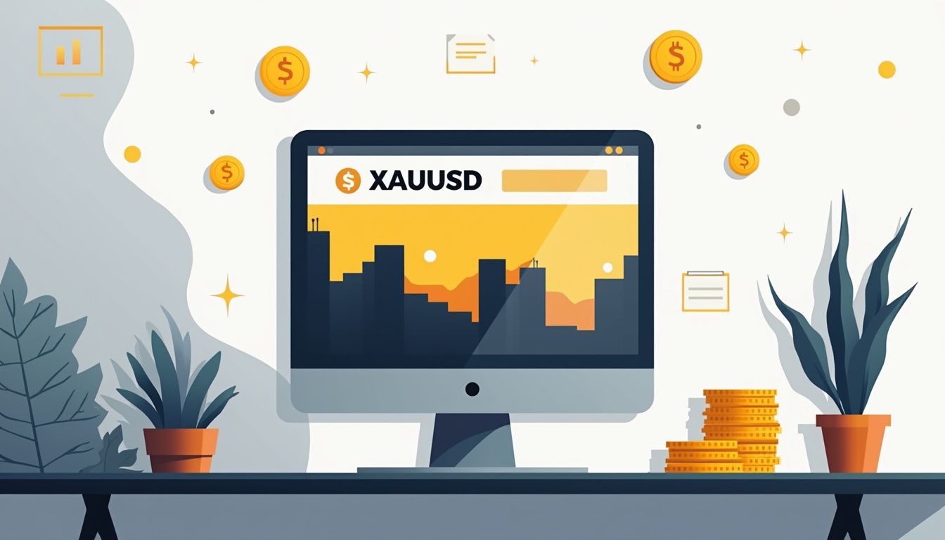 Minimalist illustration of a desk with XAUUSD signals on a monitor. Minimalist illustration of a desk with XAUUSD signals on a monitor.