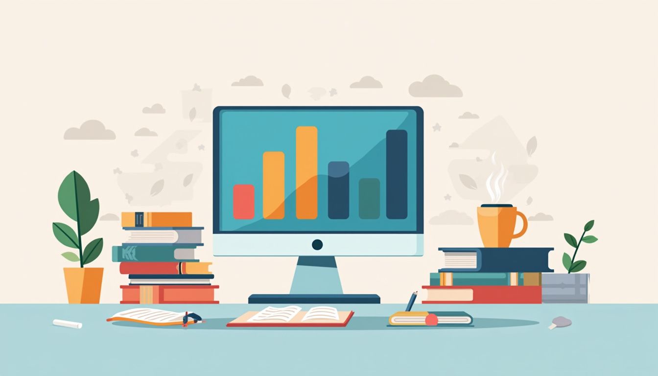 Minimalist flat design of a cluttered trading desk workspace scene.