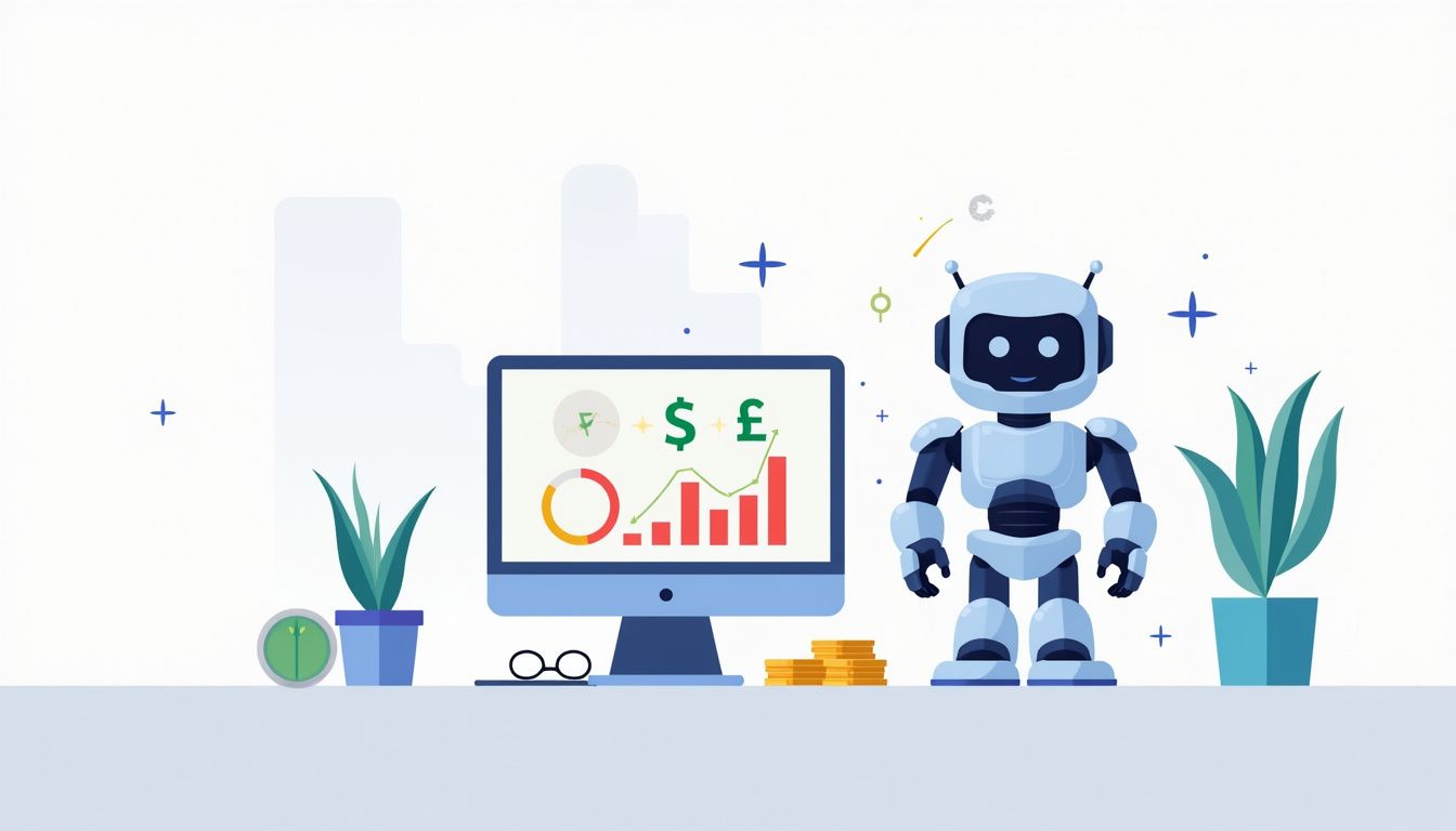 A sleek GPS Forex Robot on a minimalist desk with currency charts.