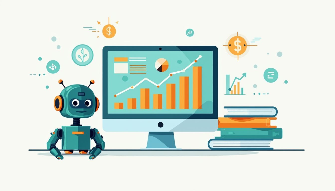 Minimalist illustration of a friendly forex growth robot with vibrant charts.