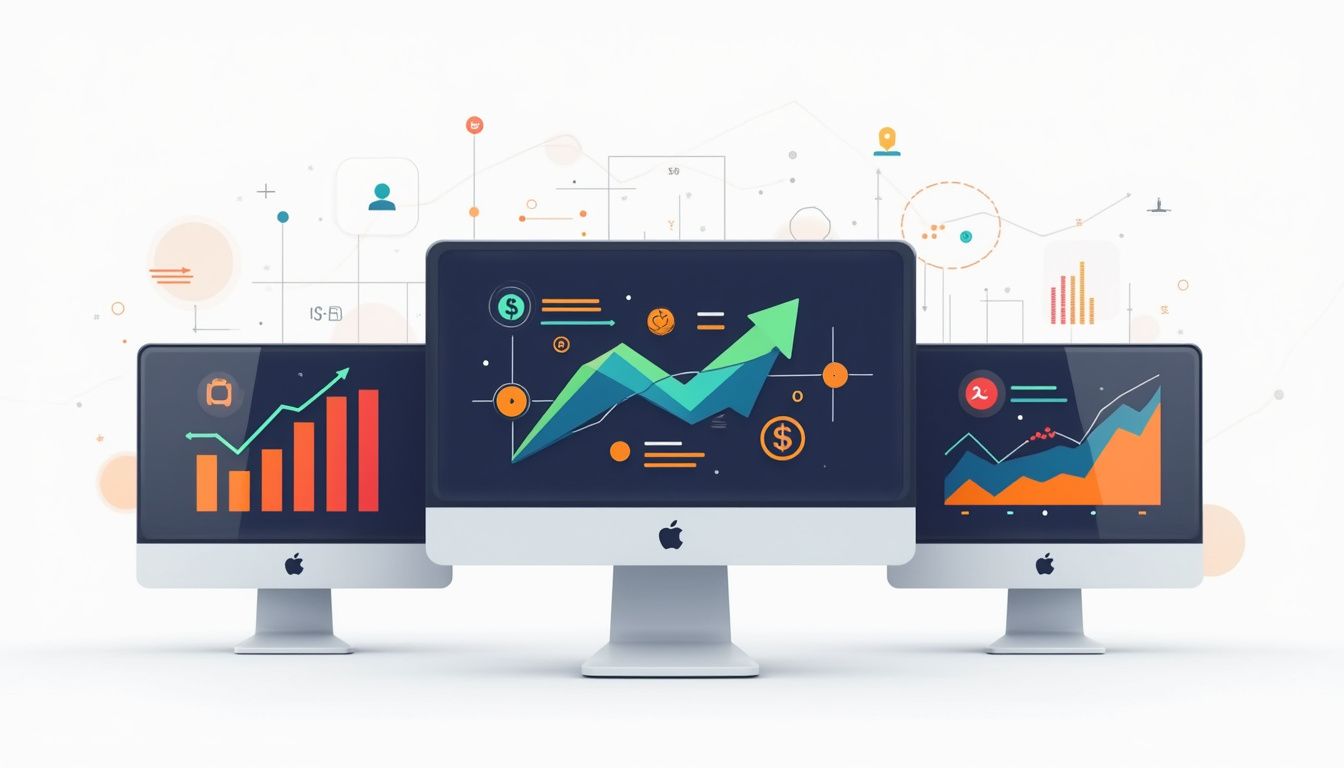Minimalist vector illustration of monitors displaying vibrant trading data.