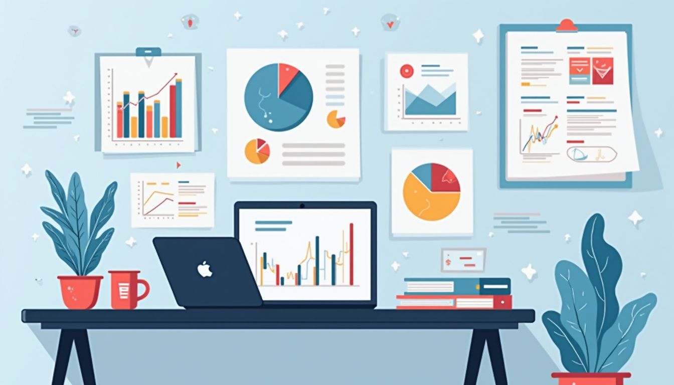 Minimalist office desk illustration with forex charts and a laptop.