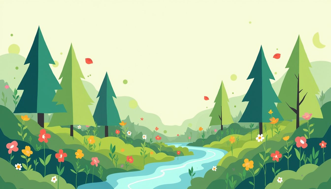 Minimalist forest illustration with currency-themed leaves and vibrant wildflowers.